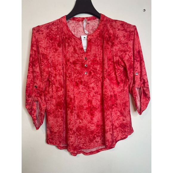 NY Collection Womens Tie-Dye Pleated Pintuck Utility Top 3/4 Sleeve Size L Red - Picture 2 of 9